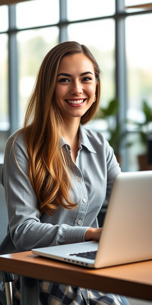 professional young woman with long hair smiling at a desk with a laptop in a modern office setting, natural light coming through large windows, 50mm lens, f/1.8 aperture, ISO 100, portrait orientation, shallow depth of field, DSLR camera