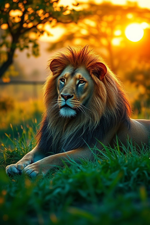 generate a detailed illustration of a majestic lion resting in a lush green savannah during golden hour with vibrant sunlight filtering through the trees, using a DSLR camera with 50mm lens, aperture set to f/2.8, ISO 100, taken from a low angle for a dramatic effect and capturing rich colors and textures.