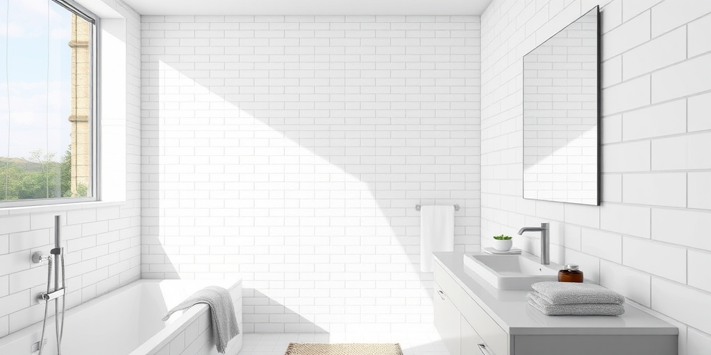 modern bathroom interior with white tiled walls, minimalist design, large mirror, soft natural light, cozy towels, camera settings: ISO 200, f/8, 1/60s, camera view: wide angle, camera style: bright and airy, camera type: DSLR