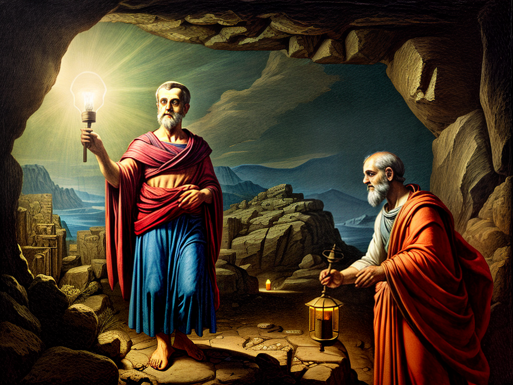 image of plato illuminating a cave with a lantern