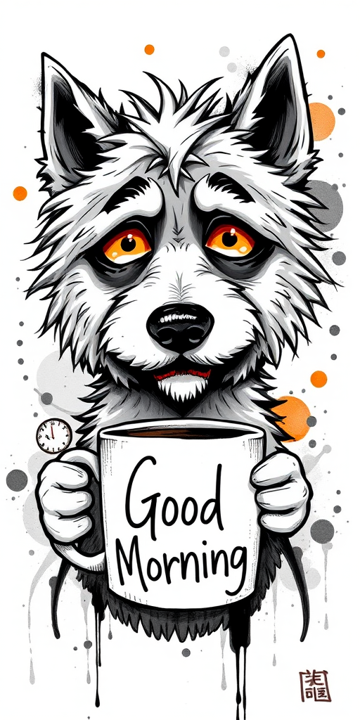 A quirky, artistic illustration of a disheveled shikoku dog breed with exaggerated, large eyes and spiky fur, holding a coffee mug that reads "Good Morning". The dog has a tired but humorous expression, with ink splatters and abstract details surrounding it, giving a whimsical feel to the image. The color palette is mostly monochrome with hints of orange in the eyes and steam rising from the mug, enhancing the overall sleepy vibe