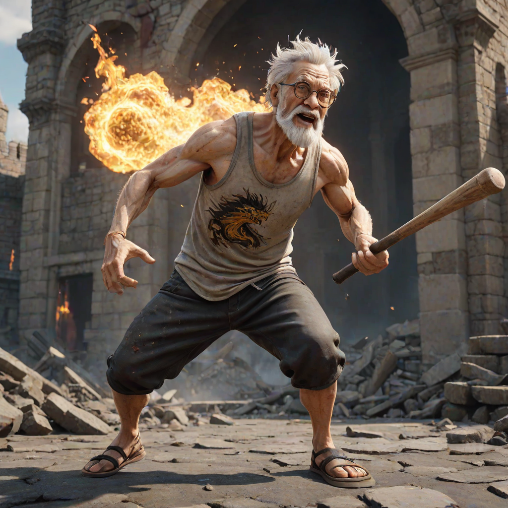Cartoon 3D High-Resolution,dynamic battle scene using Unreal Engine 5 and Octane Render. The scene features back of an elderly, thai man with a beard,messy hair and round golden-rimmed glasses. He is wearing a tattered tank top with soot marks, shorts, and sandals. sweating. he wields a baseball bat. He jump to fight with a white fire-breathing Europe dragon amidst a partially destroyed stone castle. Include intense flames, smoke, and debris to enhance the dramatic effect.