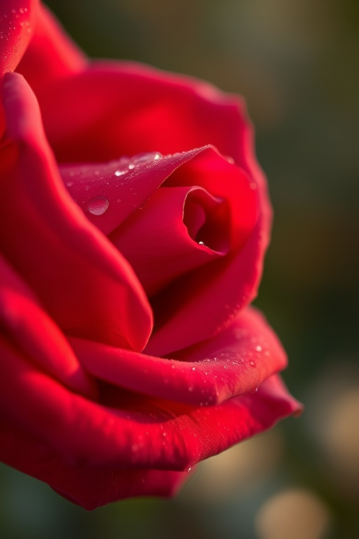 Close-up of a dewy red rose petal with bokeh background, soft focus, golden hour lighting, DSLR camera, f/2.8 aperture, 100mm lens, 1/200 second shutter speed, ISO 200, natural light.