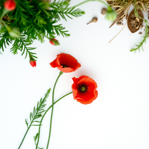 Regenerate an image of two red poppy flowers on a textured white background captured with a Canon EOS R5 camera, 85mm lens, f/4 aperture, ISO 100, soft focus style, top-down view, high-resolution watercolor effect.