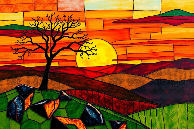 A vibrant abstract painting on Tiffany Glass, blending acrylic and alcohol ink techniques, captures a dramatic sunset over rolling hills. The artwork features a textured, rocky foreground in green and brown, layered abstract hills, and a striking sunset in rich oranges, yellows, and reds. A solitary black tree with intricate branches contrasts against the fiery sky, creating a dynamic and expressive portrayal of a breathtaking natural scene.