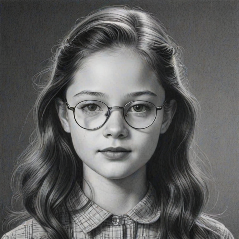 Radiant Mackenzie Foy, pencil sketch, portrait of Comely woman 1939s in glasses, hair style beatnik, outline, clear lines, fine lines, 8k