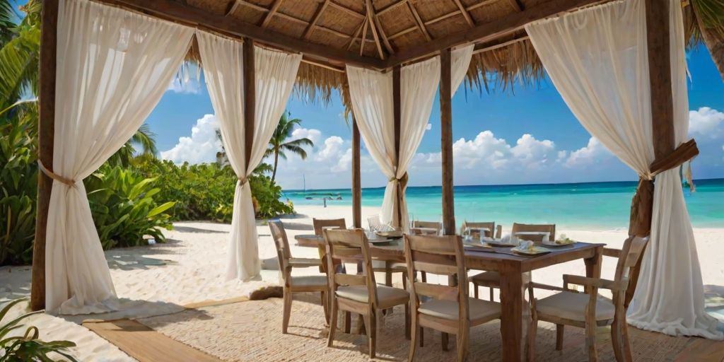 Create a picturesque tropical beach scene featuring a serene, white sandy shore. In the foreground, there's a rustic wooden canopy with white drapes gently flowing in the breeze. Underneath the canopy, a table is set with tropical decor, evoking a sense of relaxation and leisure. The beach extends into a calm, shallow water area with reflections of the sky and surroundings. Palm trees and lush greenery line the edge of the beach, providing a natural, tropical backdrop. The sky is clear with a few scattered clouds, and the overall atmosphere is tranquil and inviting, perfect for a peaceful retreat.