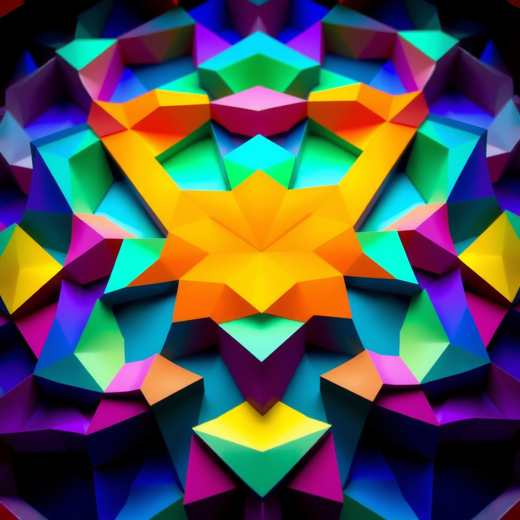 Create a high-resolution image of an abstract geometric pattern with vibrant colors, shot with a Canon EOS R5 at f/8, 1/125s, ISO 100, using a wide-angle lens from a top-down view to capture intricate details and depth.
