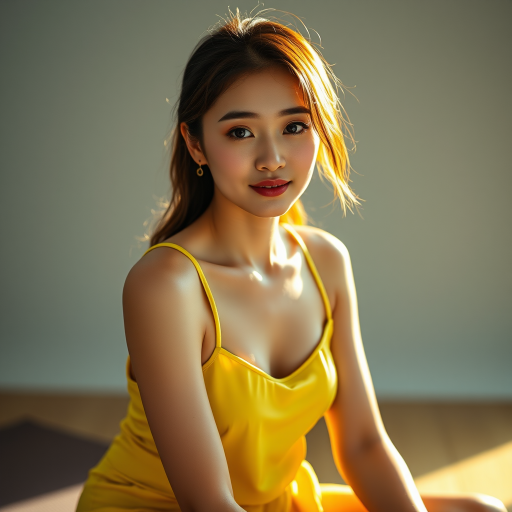Resplendent photo of woman:Chinese:0.4, highlight hair, wearing Banana dress, sitting on Yoga mat, rim lighting, studio lighting, looking at the camera, dslr, ultra quality, sharp focus, tack sharp, dof, film grain, Fujifilm XT3, crystal clear, 8K UHD, highly detailed glossy eyes, high detailed skin, skin pores