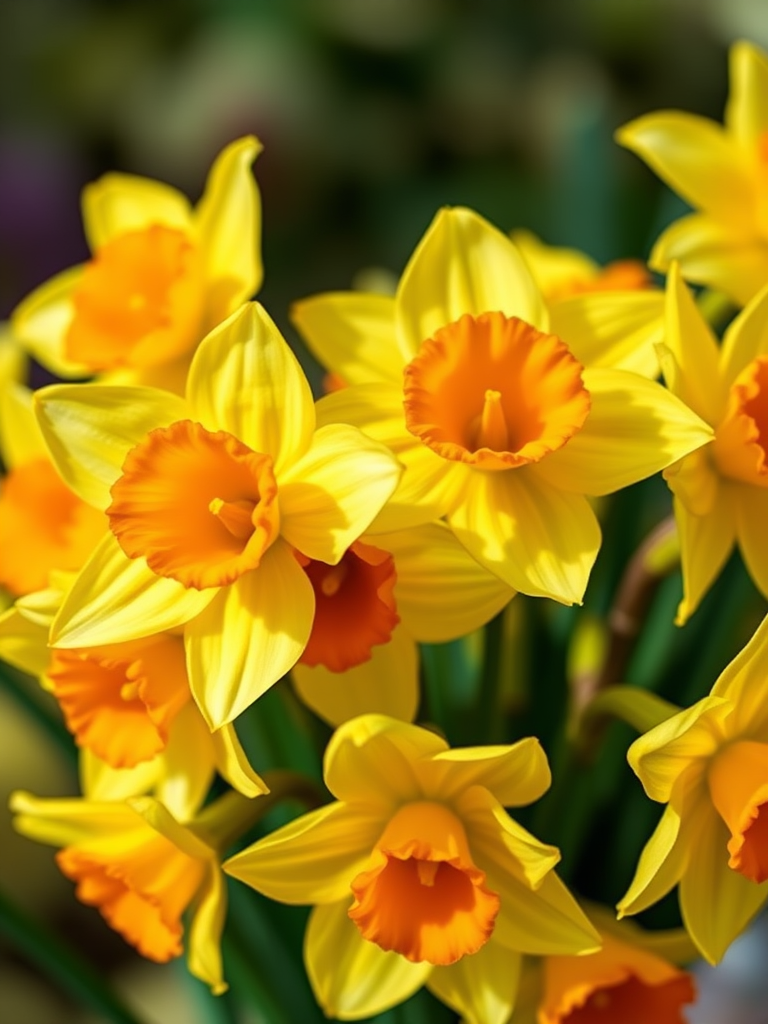 Create a vibrant image of a bouquet of yellow daffodils with orange centers, using a close-up shot with a shallow depth of field, captured on a DSLR camera with a 50mm lens, aperture set to f/2.8, ISO 100, and natural light for enhanced color saturation.