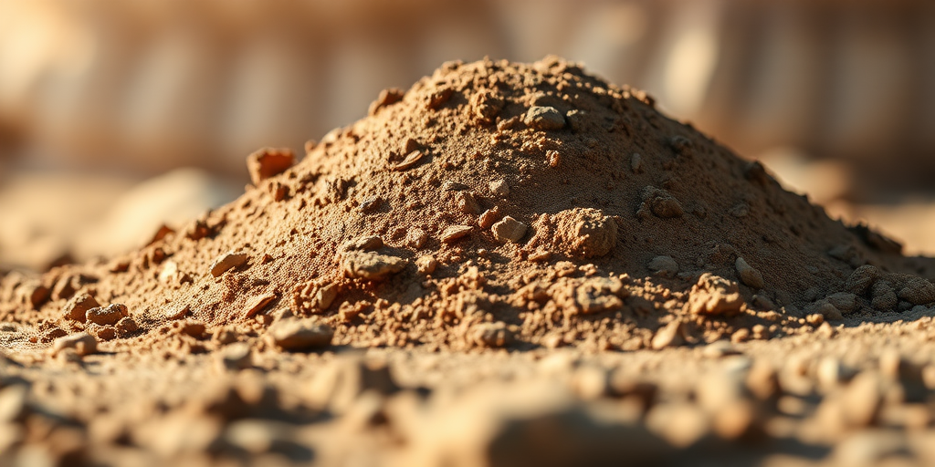Create a highly detailed illustration of a mound of dirt with realistic texture under natural lighting, captured with a DSLR camera at f/5.6 aperture, 50mm lens, ISO 200, with a shallow depth of field to emphasize the foreground and a soft blurred background.