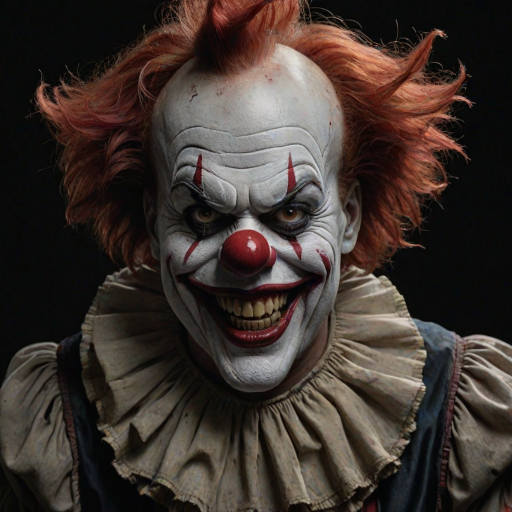 Create a hyper-realistic, dark, and eerie clown with a sinister smile, set against a black background. The clown should have exaggerated makeup with sharp, contrasting colors to enhance its menacing appearance. The overall atmosphere should be unsettling and intense, capturing a sense of horror and suspense