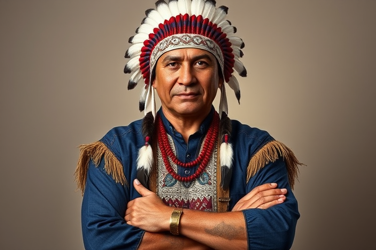 Create a dignified portrait of a Native American man dressed in traditional attire. He wears a beautifully crafted headdress adorned with white feathers and red beads, along with a beaded headband featuring intricate patterns. His clothing includes a deep blue, patterned shirt and a traditional chest piece with detailed beadwork. His arms are crossed, displaying leather armbands decorated with feathers. The background is simple and neutral, emphasizing his proud and stoic expression. The overall image captures the rich cultural heritage and strength of his persona.