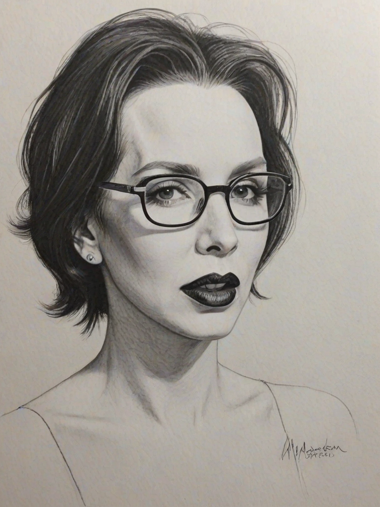 Pleasing Marilyn Manson, pencil sketch, portrait of Radiant woman 1963s in glasses, hair style beatnik, outline, clear lines, fine lines, 8k
