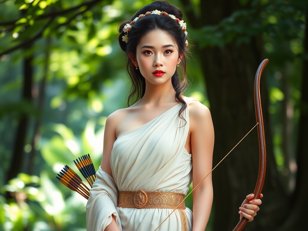 Create a portrait of a goddess-like Tibetan girl figure in a tranquil, forested environment. She has an elegant appearance with long, wavy hair styled in an updo and adorned with a delicate, floral headband. She wears a flowing, ancient Greek-inspired gown in a soft, pale color, featuring a one-shoulder design and draped fabric that accentuates her graceful form. The outfit includes a decorative belt with ornate gold detailing, and she holds a bow in her hand, with a quiver of arrows slung over her shoulder. The background depicts lush greenery, with sunlight filtering through the trees, casting a gentle, ethereal light on the scene. Her expression is calm and contemplative, embodying a sense of wisdom and serenity.
