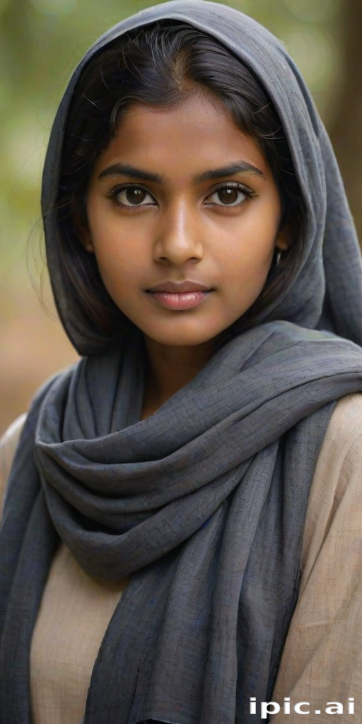 Create a portrait of a young Sri Lankan woman with long, dark hair and captivating hazel eyes. She is wearing a dark headscarf and a matching scarf draped gracefully around her neck. The background is softly blurred, focusing attention on her serene and natural expression. The overall color palette is muted and warm, enhancing the intimate and authentic feel of the portrait.