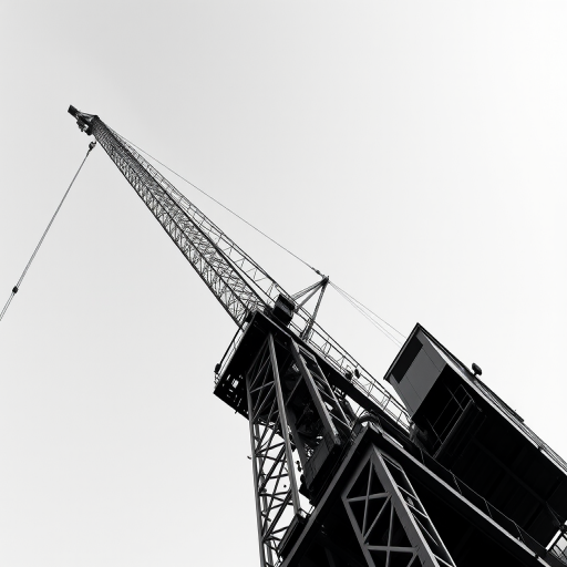 Create a high-resolution black and white image of a construction crane from a low angle, using a Canon EOS R5 with a 24-70mm lens at f/8, ISO 100, 1/200s shutter speed, with a focus on sharp details and contrast.
