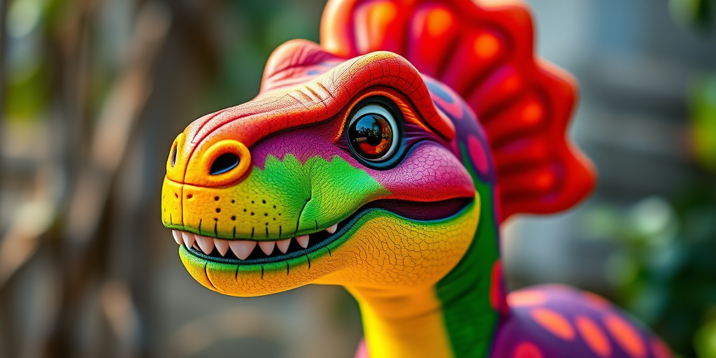 Generate a colorful cartoon dinosaur character with a friendly expression, using a vibrant color palette and intricate details, captured in a high-resolution digital format, with a focus on sharpness and contrast, using a DSLR camera at f/1.8, ISO 100, and a 50mm lens for a shallow depth of field, in natural daylight.