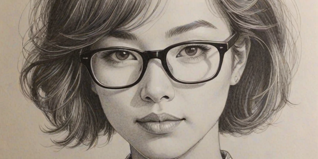 Lovely Ellen Wong, pencil sketch, portrait of Exquisite woman 1976s in glasses, hair style beatnik, outline, clear lines, fine lines, 8k