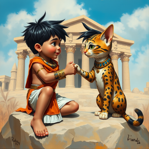 Airbrush, whimsical, glossy oil painting, hyper realism of an Ancient Egyptian boy with black messy short hair, wearing an Ancient Egyptian outfit, bare feet, sitting on a stone in front of a temple, fist bumping with his Ancient Egyptian cat, the boy and the cat looking to each other proudly.