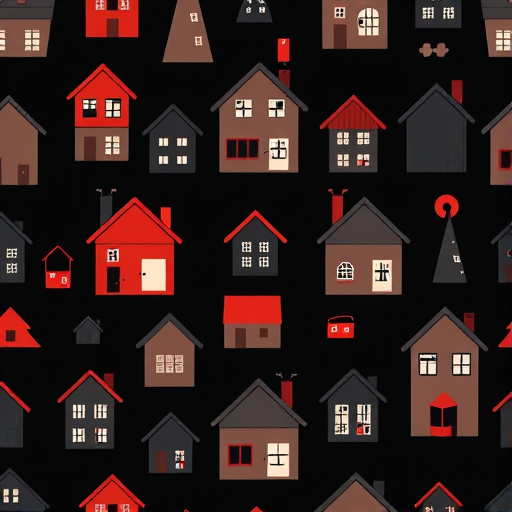 Create a seamless pattern of stylized black and red houses on a dark background, captured with a DSLR camera at f/8 aperture, ISO 100, 50mm focal length, top-down view, natural lighting, high resolution for enhanced detail.