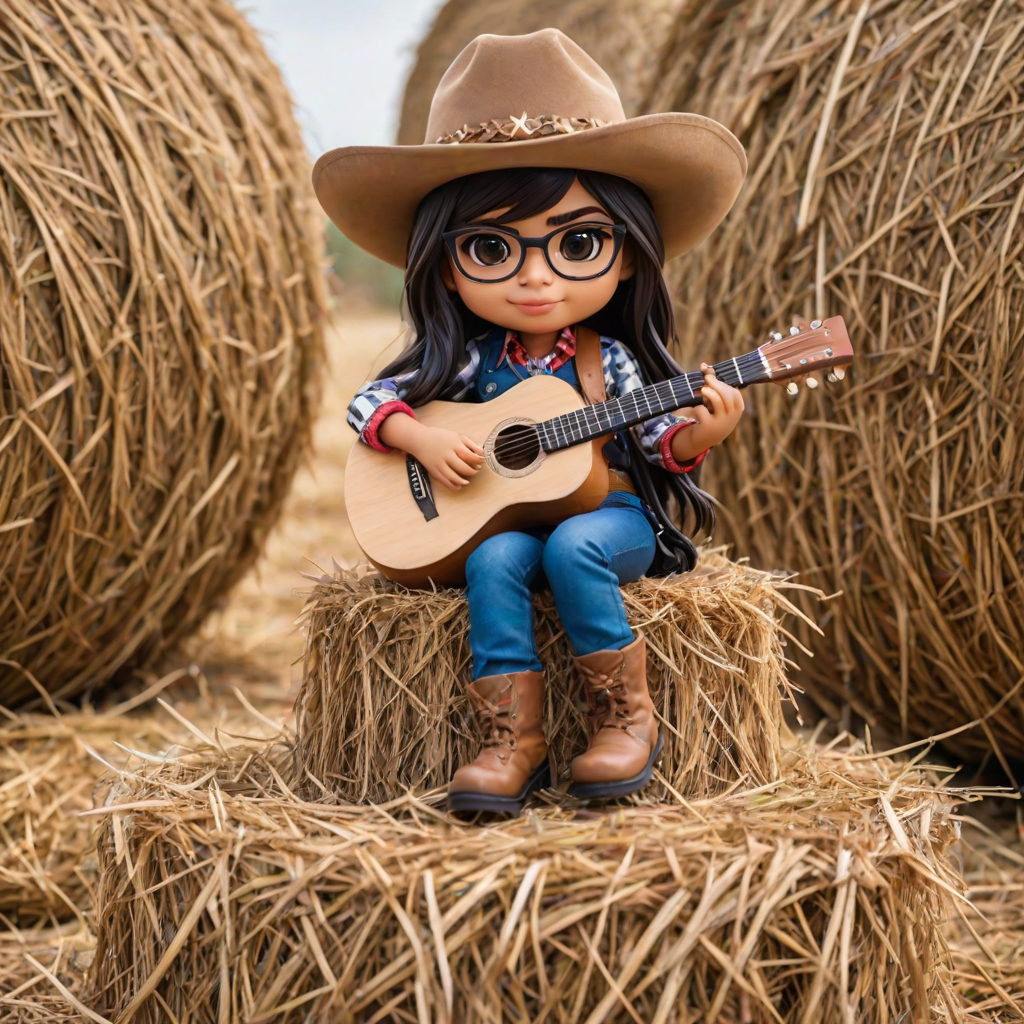 A chibi mia khalifa, dressed as a cowboy, playing guitar, sitting on a hay bale