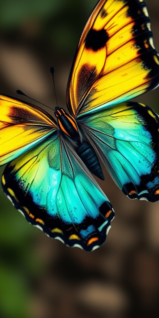 Create a high-resolution image of a butterfly with vibrant yellow, black, and turquoise colors, using a macro lens with an aperture of f/2.8, ISO 100, 1/200 sec shutter speed, shot from a top-down perspective in natural light with a DSLR camera.