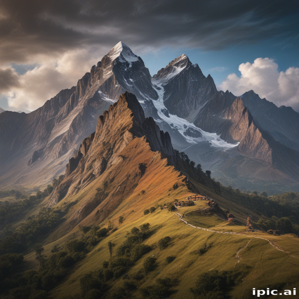 Majestic Mountain Range Surrounded by Lush Greenery and Scenic Trails
