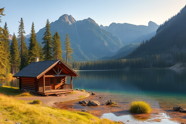 Create a serene landscape of a rustic log cabin by a crystal-clear lake, surrounded by tall pine trees and majestic mountains in the background, captured with a DSLR camera at f/8 aperture, ISO 200, with a 24mm lens, in the early morning light for soft shadows and enhanced color saturation.