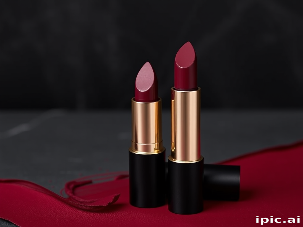 Deep burgundy matte lipstick "Midnight Velvet" with a velvety texture and rich pigmentation, ideal for formal events and dramatic looks, infused with moisturizing oils