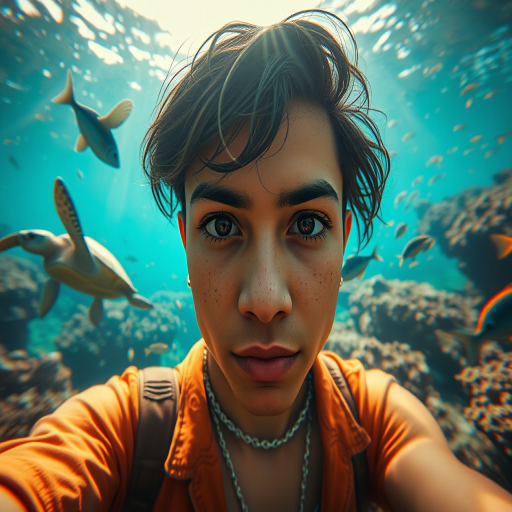 Realistic selfie image of a Hispanic, wearing a vintage outfit, detailed dreamy eyes, droopy hooded eyes, staring at the camera, taken underwater at coral reef with a sunbeam filtering through the water, vibrant, summer vacation, natural lighting, turtle and school of tropical fish with vibrant colors, rendered in the style of CryEngine, Pegi Nicol MacLeod, with realistic genre scenes, hauntingly beautiful narratives, ultra-realism, and Thomas Saliot's close-up technique, 8K resolution, crystal clear and sparkling water.