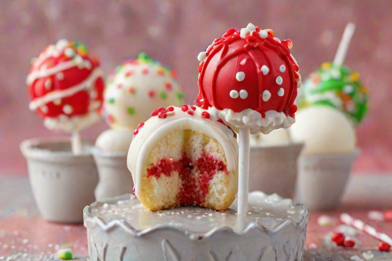 Create an image of delicious cake pops decorated with white chocolate and red icing drizzles. Include festive sprinkles and show one cake pop cut in half to reveal its colorful interior. The background should be light and festive, enhancing the holiday theme.