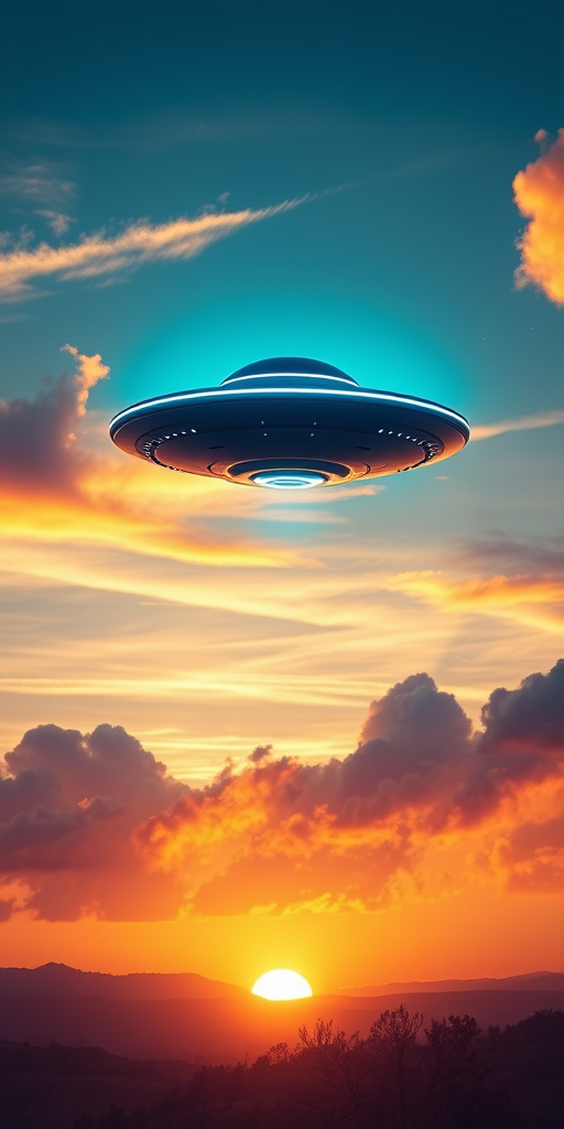 Generate a high-resolution image of a futuristic UFO hovering above a serene landscape during sunset with vibrant clouds in the background, captured with a Canon EOS R5, 24mm lens, aperture f/8, ISO 100, 1/200 sec shutter speed, wide-angle view, realistic style.