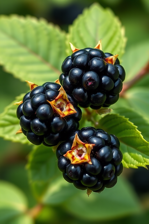 Draw a realistic illustration of three blackberries with green leaves, using a high-resolution camera at 50mm f/2.8 with natural lighting and a shallow depth of field to enhance detail and texture.