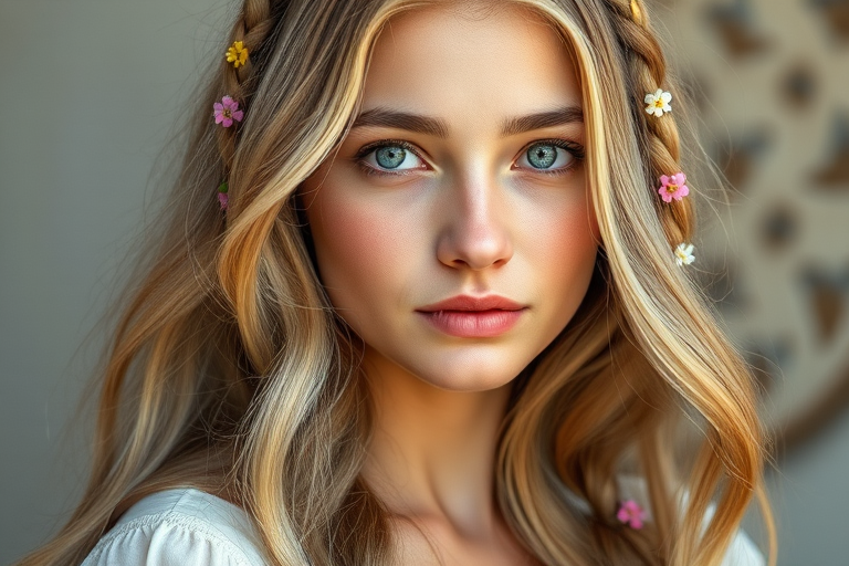 Create an image of a young Druze woman with long, wavy blonde hair, adorned with small, colorful flowers woven into her braids and loose strands. Her complexion is fair, with soft, glowing skin, and she has light blue eyes that gaze softly at the viewer. She wears a light, flowing dress with a gentle, ethereal quality, complementing her delicate and serene appearance. The background is slightly blurred, drawing focus to her tranquil expression and the intricate details of the flowers in her hair. The overall mood of the image is one of natural beauty and grace, evoking a sense of peacefulness and connection with nature.