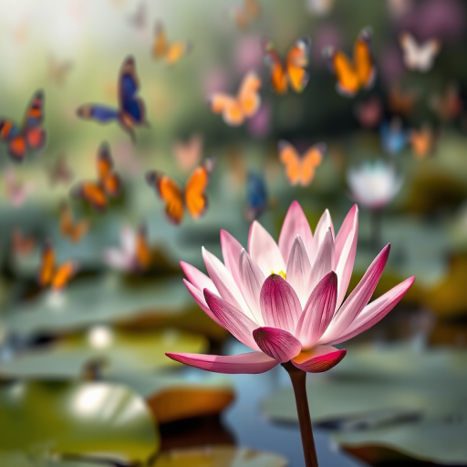 A serene water lily in the foreground with vibrant pink petals, surrounded by colorful butterflies in a softly blurred background, shot with a DSLR camera at f/2.8 aperture, 50mm lens, ISO 100, with a slight HDR effect for enhanced color depth.
