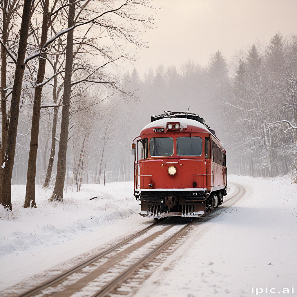 Vintage Red Train Traveling Through a Snowy Winter Wonderland Landscape