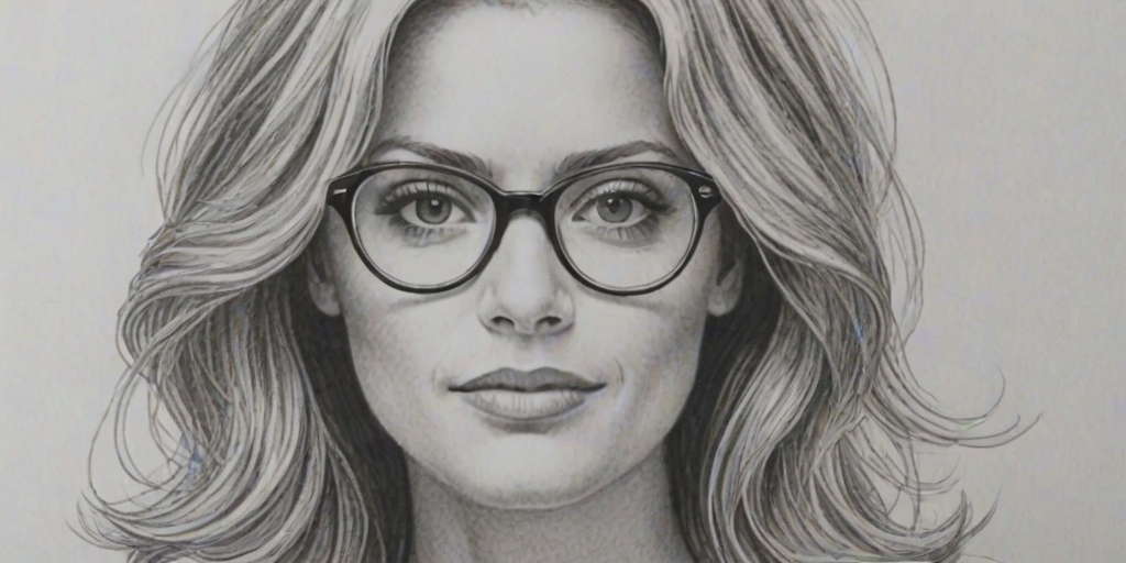 Dazzling Ami Dolenz, pencil sketch, portrait of Fetching woman 1975s in glasses, hair style beatnik, outline, clear lines, fine lines, 8k