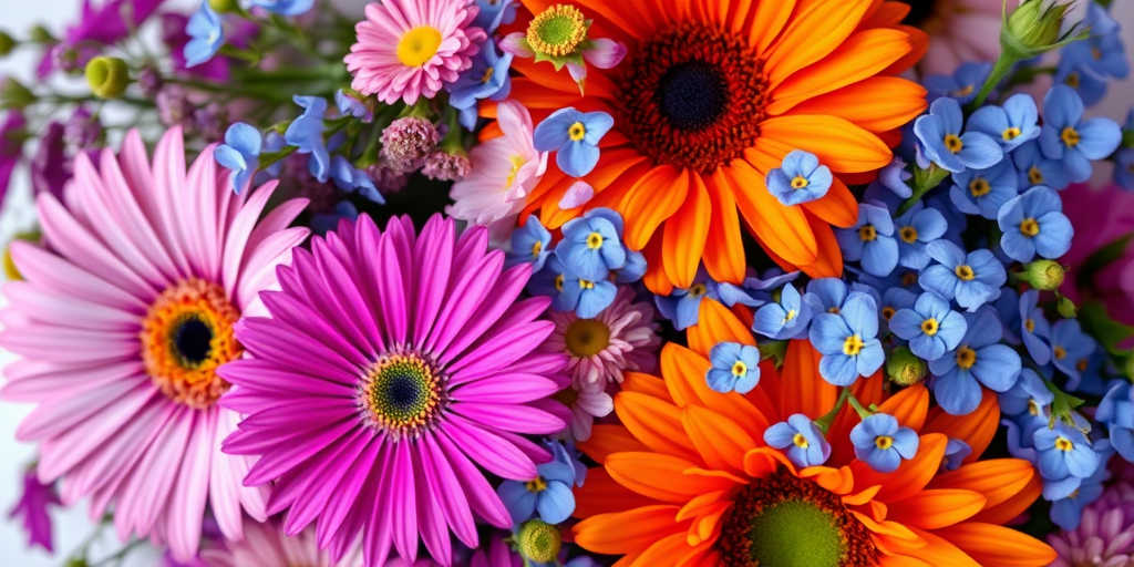 generate a vibrant floral arrangement featuring a variety of flowers such as a purple daisy, pink cherry blossom, bright orange sunflower, and blue forget-me-not in a soft focus background with deep saturation, taken with a DSLR camera at f/2.8, ISO 100, 50mm lens, overhead view for enhanced detail and clarity