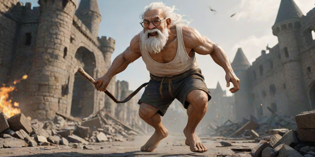 Cartoon 3D High-Resolution,dynamic battle scene using Unreal Engine 5 and Octane Render. The scene features back of an elderly, thai man with a beard,messy hair and round golden-rimmed glasses. He is wearing a tattered tank top with soot marks, shorts, and sandals. sweating. he wields a baseball bat. He jump to fight with a white fire-breathing Europe dragon amidst a partially destroyed stone castle. Include intense flames, smoke, and debris to enhance the dramatic effect.