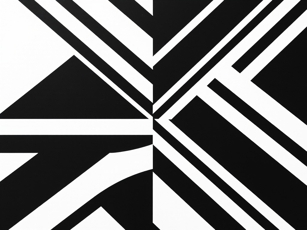Create an abstract black and white pattern featuring geometric shapes and lines, using a DSLR camera with a 50mm lens, aperture set to f/1.8, ISO 100, and a high-resolution setting to enhance image quality, captured from a top-down view with natural lighting.