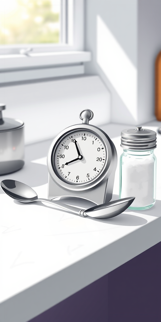 Generate a high-quality illustration of a cooking timer, a spoon, and a salt shaker arranged on a clean countertop, using a DSLR camera with a 50mm lens, aperture set to f/2.8, ISO 100, and natural light from a nearby window to enhance clarity and detail.