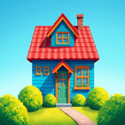 create a colorful digital illustration of a cute house with a red roof, blue walls, multiple windows, and a door, surrounded by green bushes, in a clear blue sky, use a 50mm lens, f/1.8 aperture, ISO 100, and a soft focus effect for a vibrant look