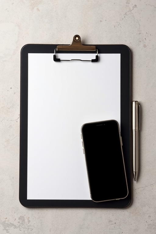 a blank sheet of paper on a textured background with a smartphone and a silver pen placed beside it