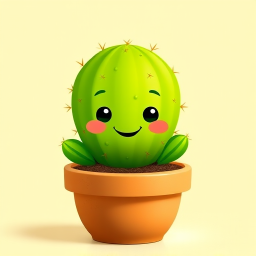A cute cartoon cactus in a terracotta pot, bright green with a smiling face, simple background, captured with a full-frame camera at f/4 aperture, ISO 100, 50mm lens, natural lighting, shallow depth of field, vibrant colors.