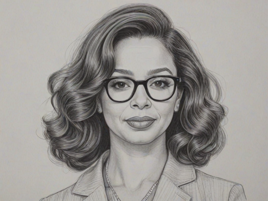 Alluring Maya Rudolph, pencil sketch, portrait of Magnificent woman 1967s in glasses, hair style beatnik, outline, clear lines, fine lines, 8k