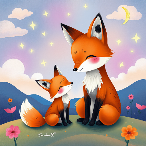 Create a whimsical illustration of a mother fox and her baby fox painting together in a dreamy landscape with colorful clouds and stars in a soft pastel color palette, using a Canon EOS R5 with a 50mm lens, f/1.8 aperture, ISO 100, and a shallow depth of field for a soft background blur.