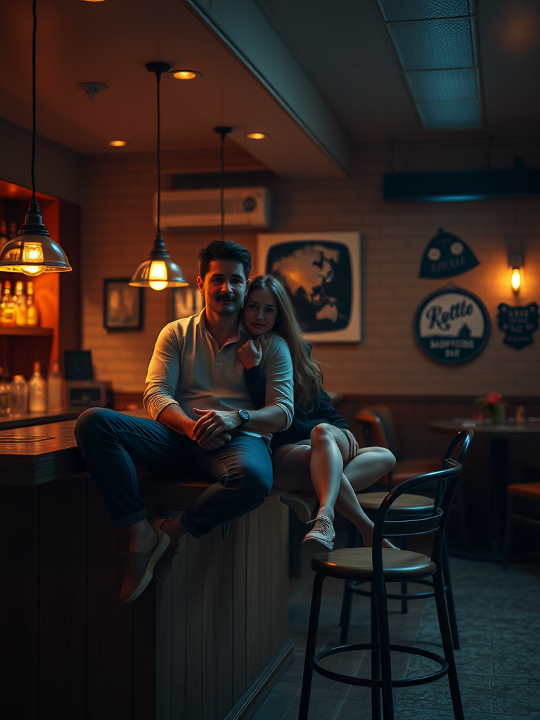 regenerate an image of a cozy indoor setting with soft lighting, capture a couple in a relaxed pose, one sitting on a bar counter and the other on a chair, use a DSLR camera with an aperture of f/2.8, ISO 400, shutter speed 1/60 sec, shot from a 35mm lens at eye level for a natural perspective, ensure warm tones and enhanced shadow details for a moody atmosphere