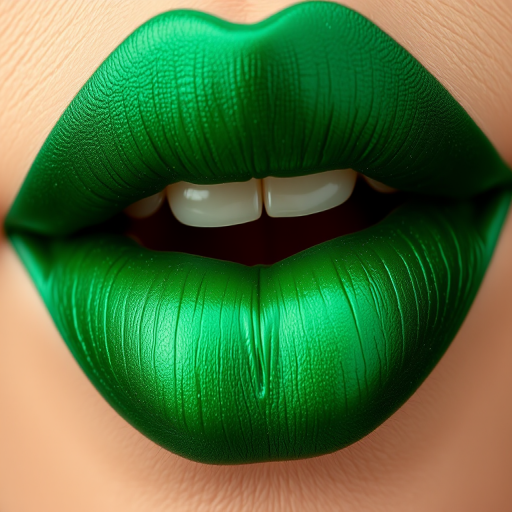Opulent emerald green lips with a satin sheen, regal and luxurious, inspired by precious gemstones and tropical flora