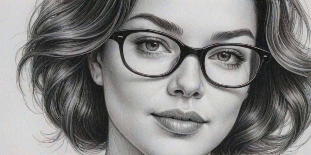 Attractive Tammy Blanchard, pencil sketch, portrait of Enticing woman 1966s in glasses, hair style beatnik, outline, clear lines, fine lines, 8k
